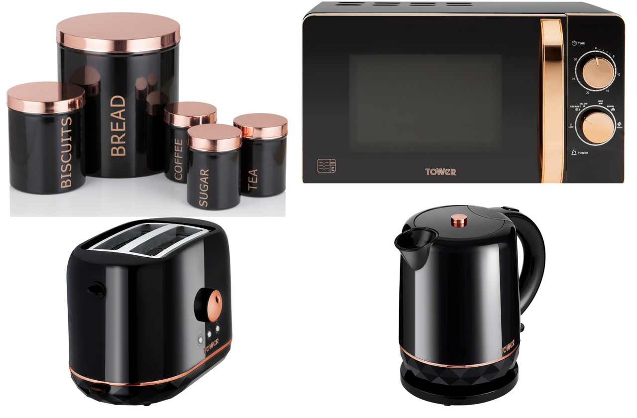 Tower Rose Gold/Black Kettle Toaster 20L Microwave & 5 Piece Kitchen Storage Set