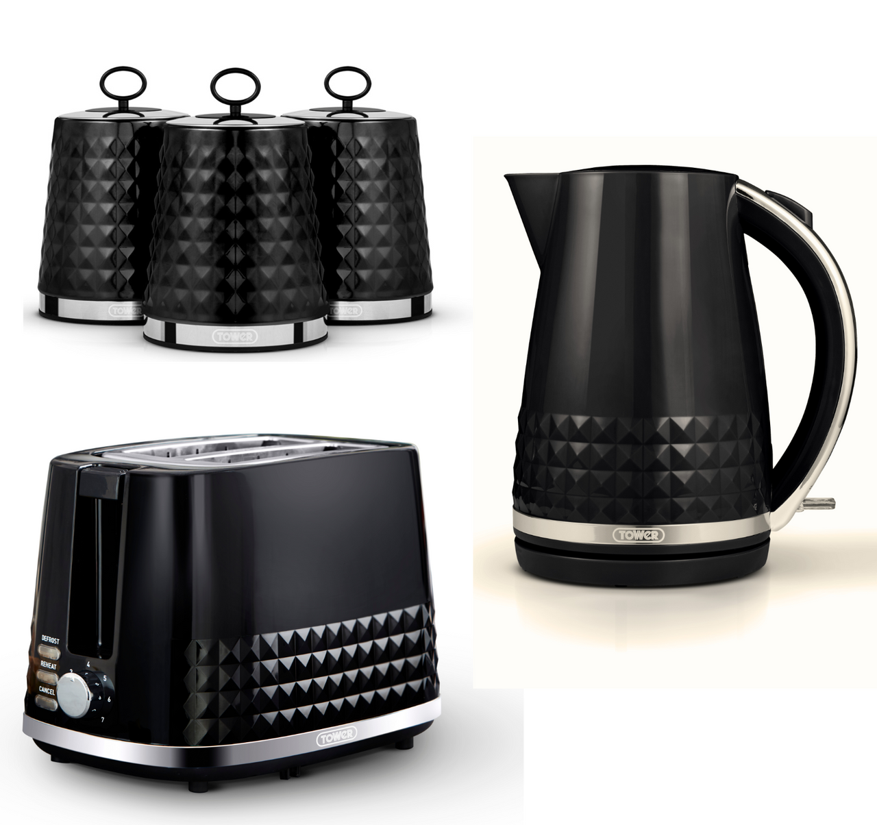 Tower Solitaire Jug Kettle, 2 Slice Toaster & Canisters Kitchen Set of 5 in Black & Chrome
