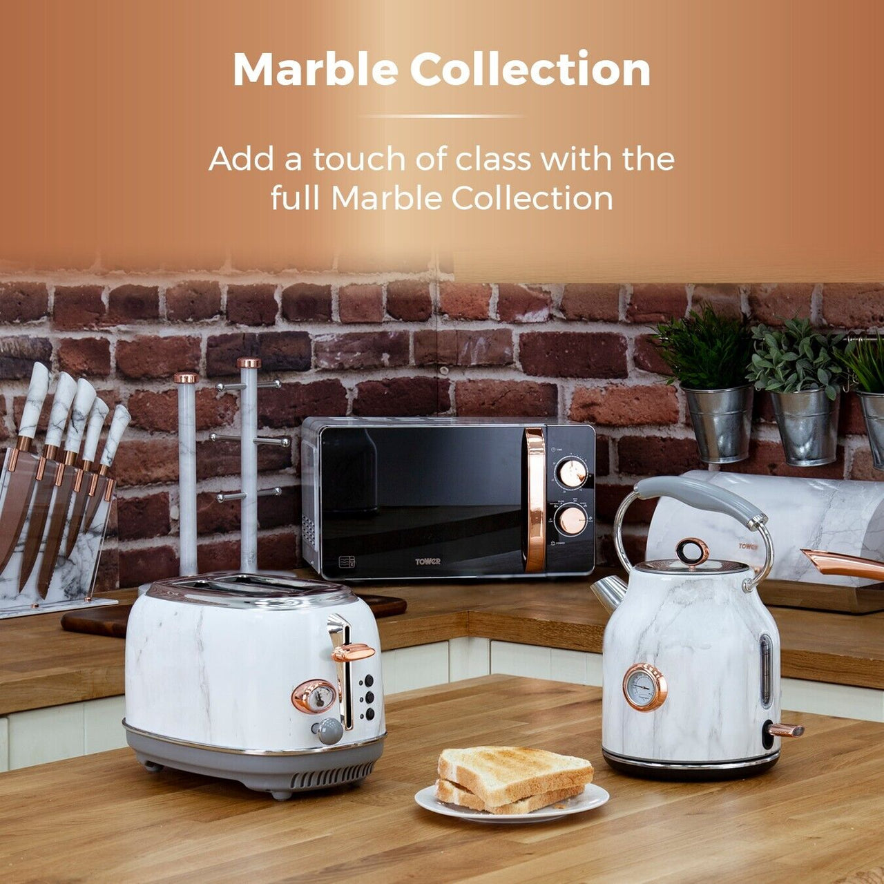 Tower Marble Kettle 2 Slice Toaster Microwave Kitchen Accessories Set - 11 Items