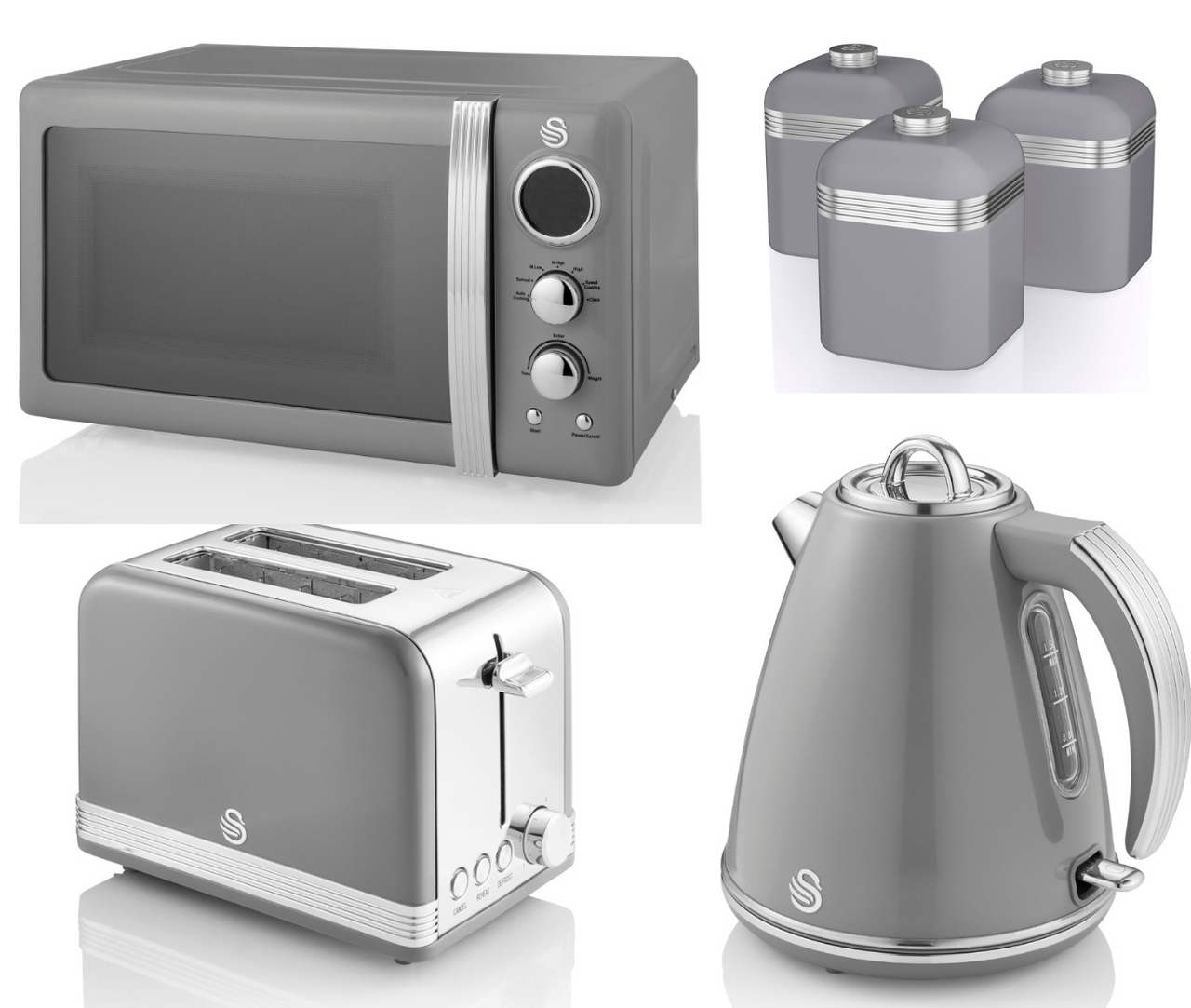 SWAN Retro Grey 1.5L 3KW Jug Kettle, 2 Slice Toaster, 800W 20L Microwave & 3 Canisters Matching Kitchen Set
