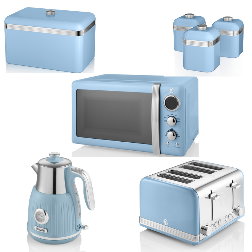 SWAN Retro Dial Kettle 4 Slice Toaster Microwave Breadbin & Canisters in Blue