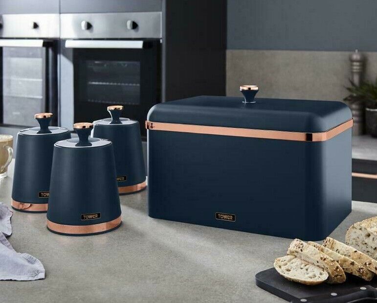 Tower Cavaletto Bread Bin Canisters Matching Kitchen Storage Set in Midnight Blue & Rose Gold