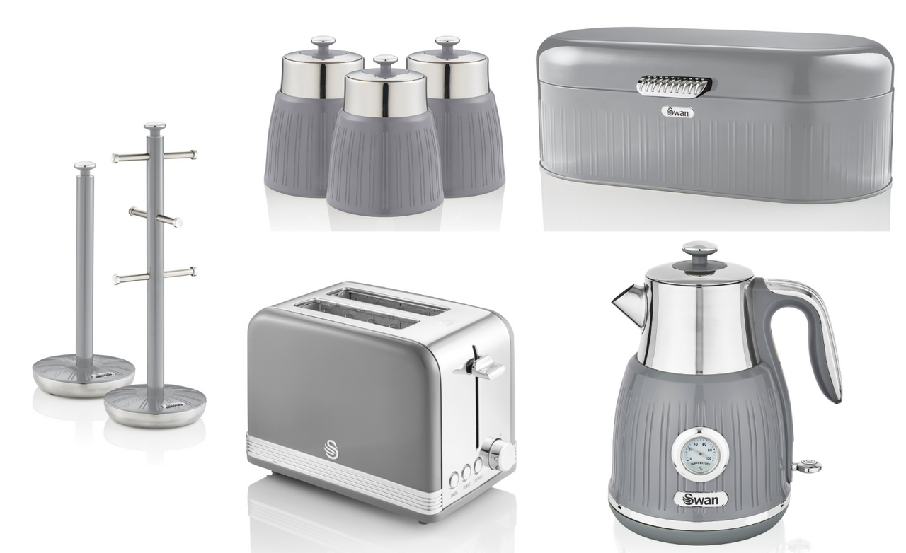 SWAN Retro Grey Set of 8 - Jug Dial Kettle Toaster & Kitchen Storage Accessories