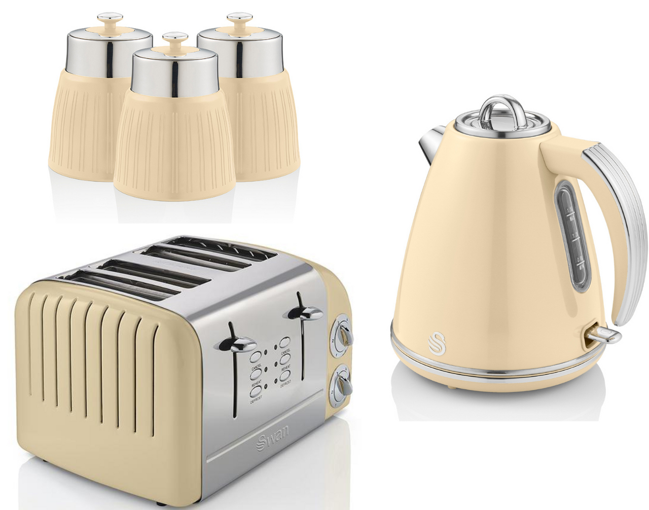 Swan Retro Cream Jug Kettle 4 Slice Toaster & 3 Storage Canisters Kitchen Set