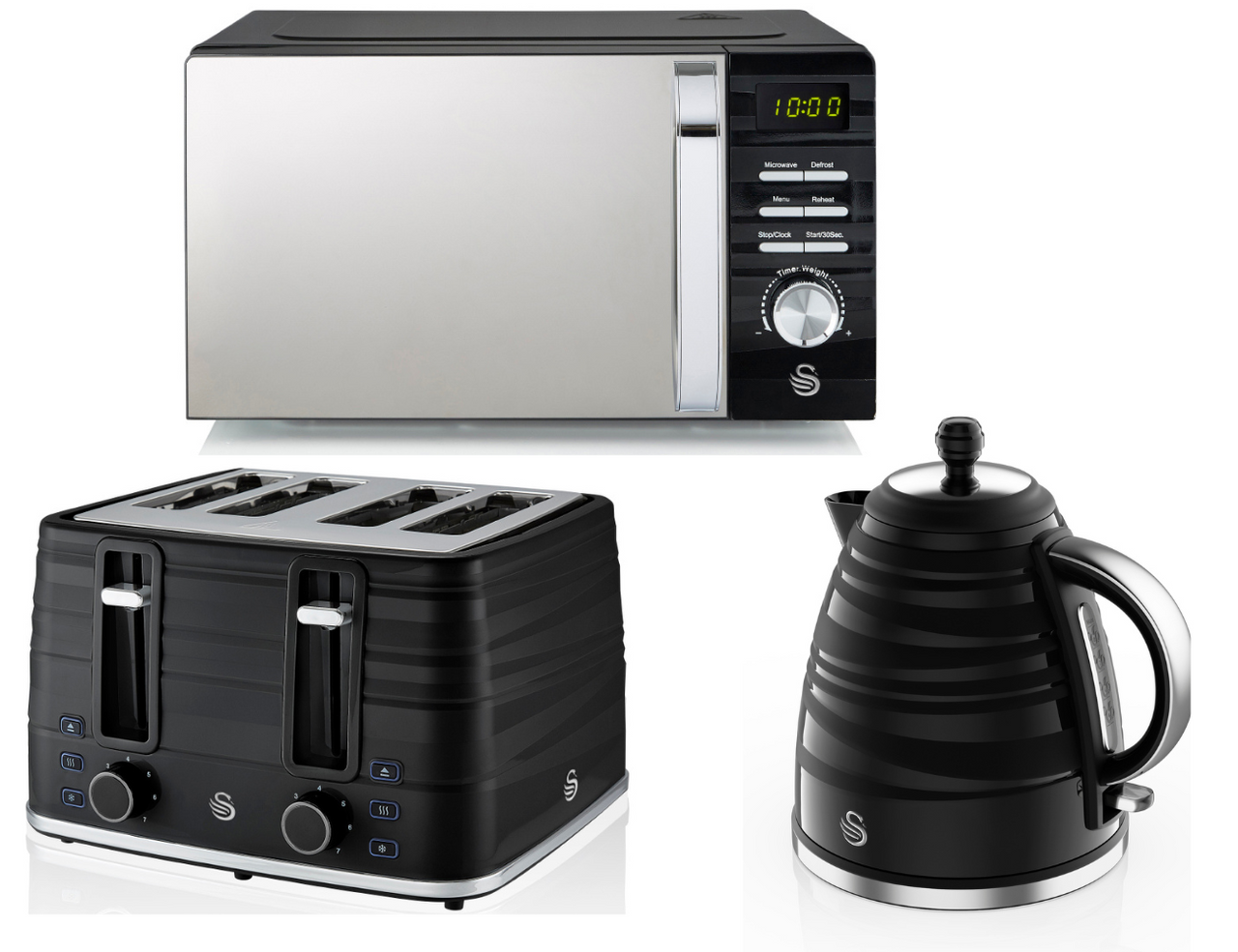 Swan Symphony Black Kettle 4 Slice Toaster & 700W Microwave Matching Kitchen Set