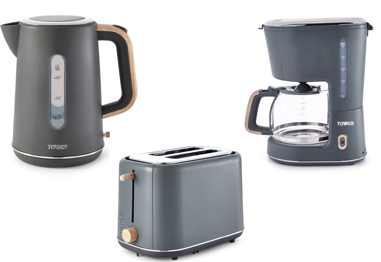 Tower Scandi Grey  Kettle 2 Slice Toaster & Coffee Maker Scandinavian Style Set