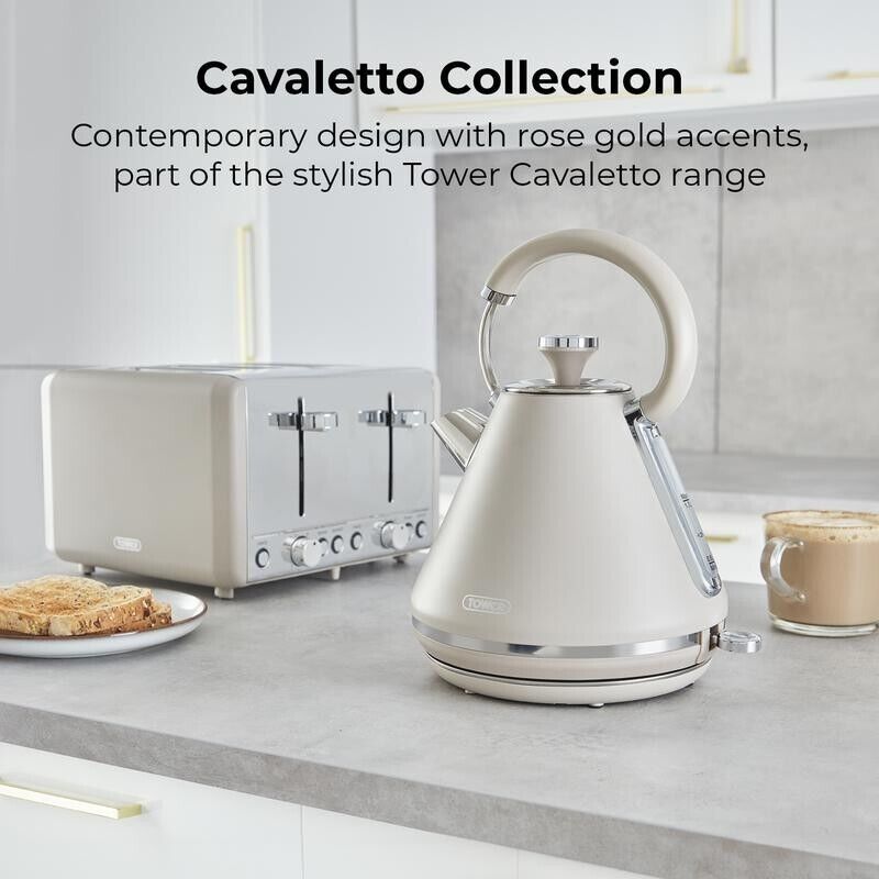Tower Cavaletto Pyramid Kettle, 4 Slice Toaster, Bread Bin & Canisters Matching Set in Latte with Chrome Accents
