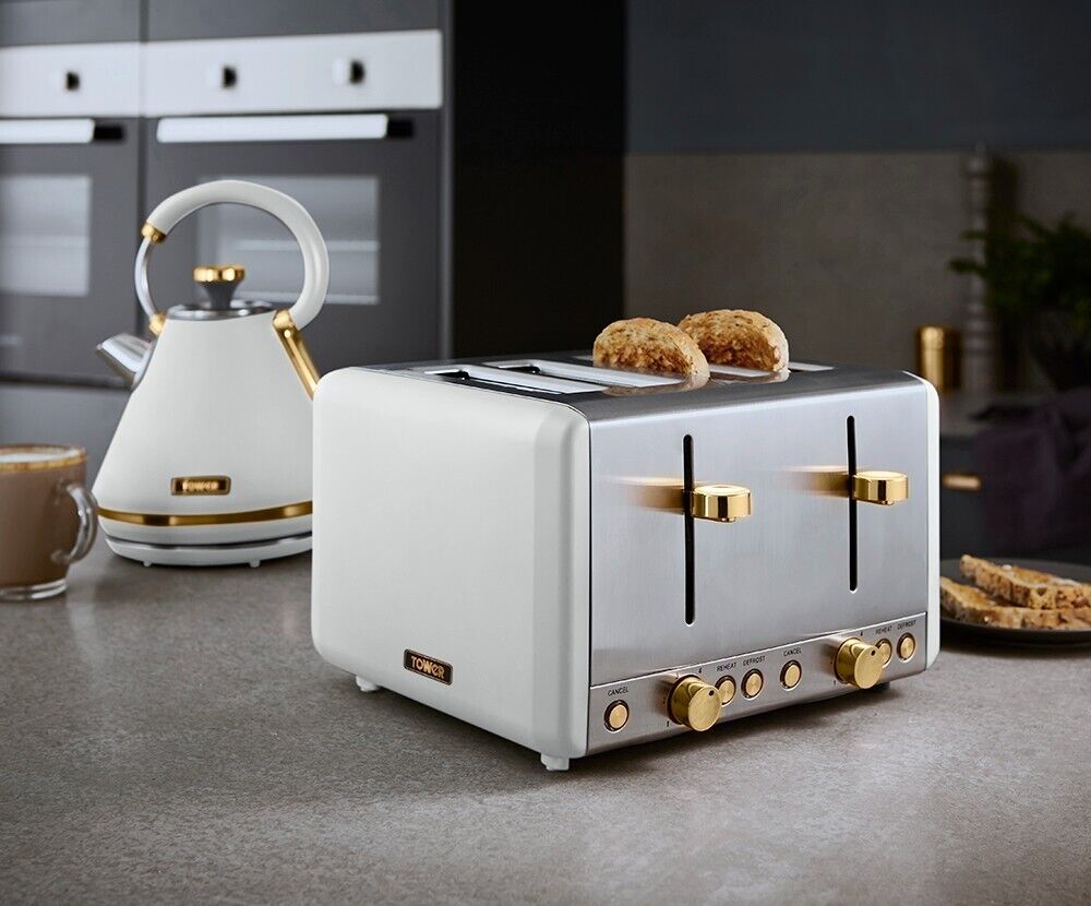 Tower Cavaletto White Pyramid Kettle, 4 Slice Toaster, 6L Air Fryer, Bread Bin & Canisters Matching Kitchen Set