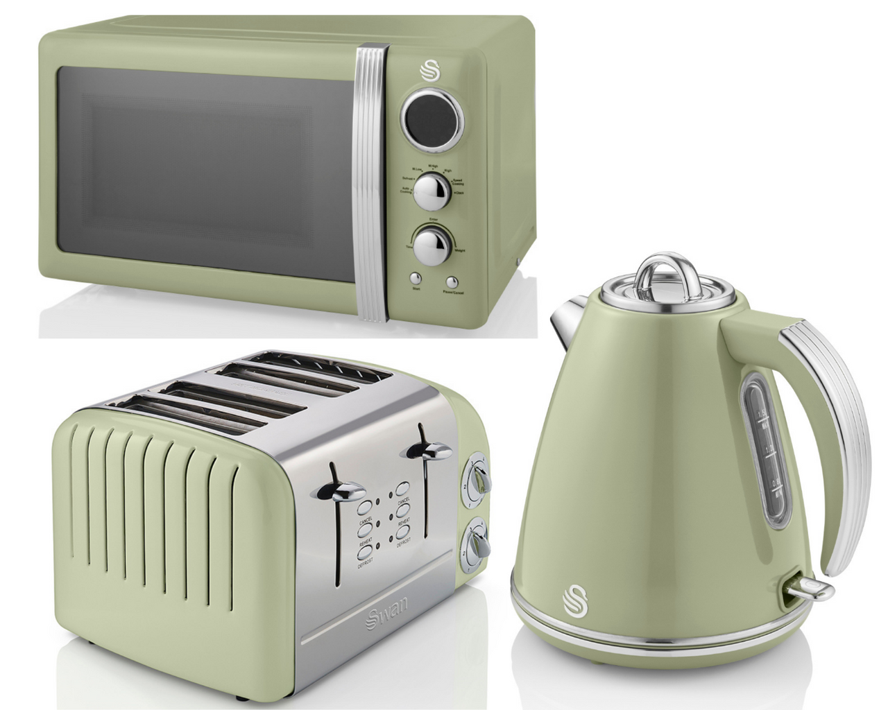 SWAN Retro Jug Kettle 4 Slice Toaster ST34020GN & Digital Microwave Kitchen Set