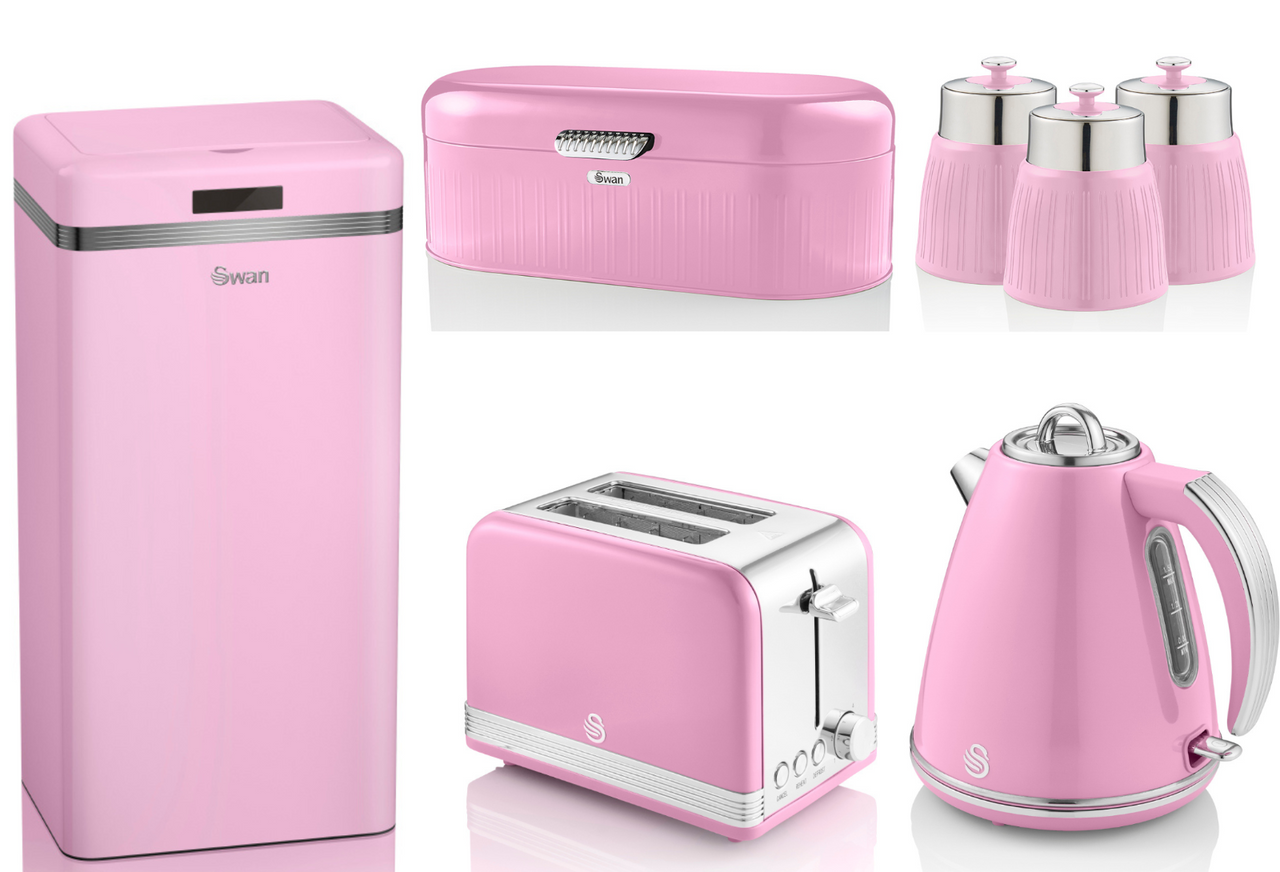 SWAN Retro Pink Jug Kettle Toaster 45L Sensor Bin Bread Bin Canisters - Set of 7