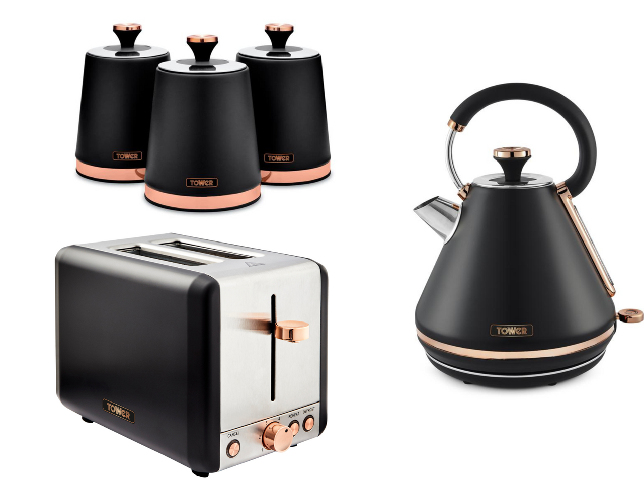 Tower Cavaletto Black 1.7L 3KW Pyramid Kettle, 2 Slice Toaster & Tea, Coffee, Sugar Canisters Kitchen Set