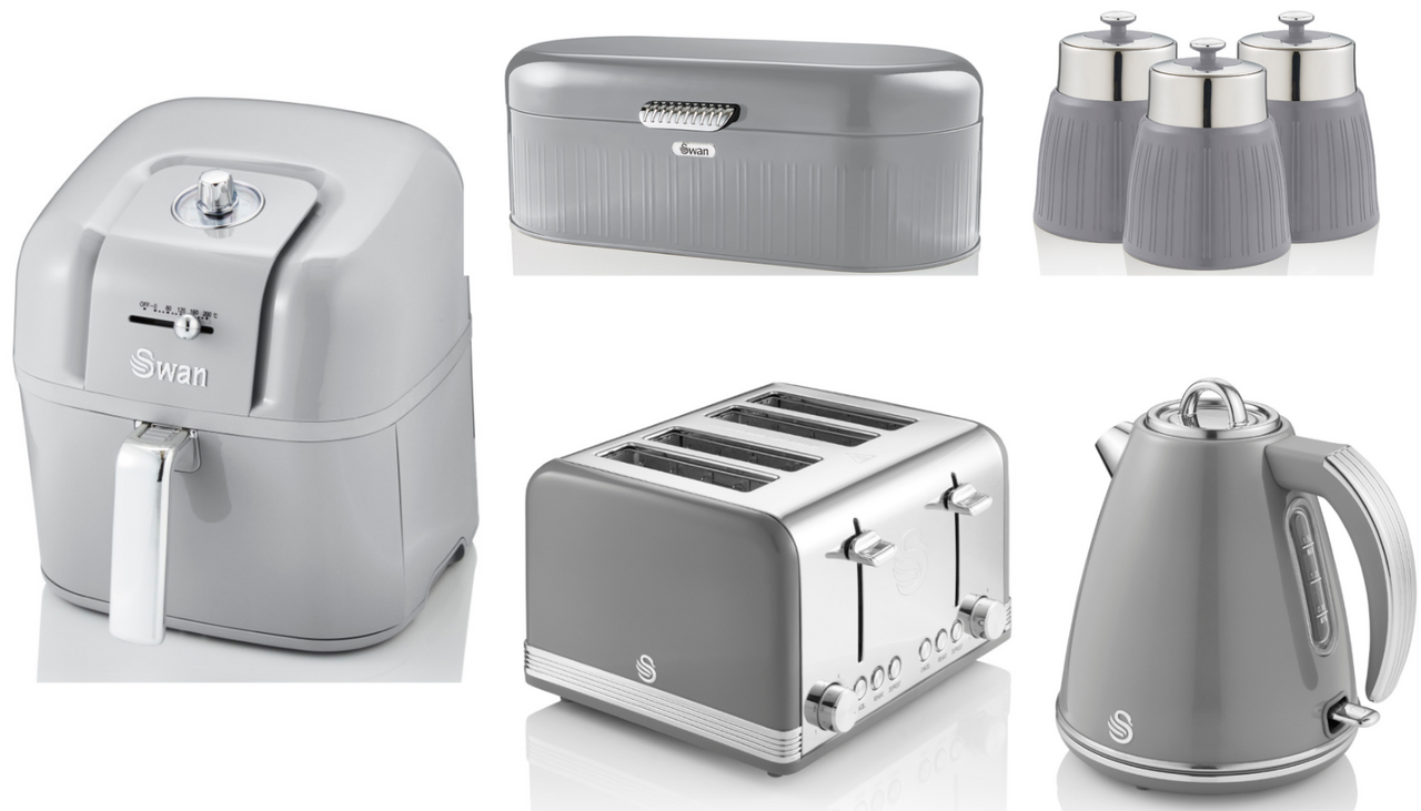 SWAN Retro Grey Kettle Toaster 6.5L Air Fryer Bread Bin & Canisters Matching Set