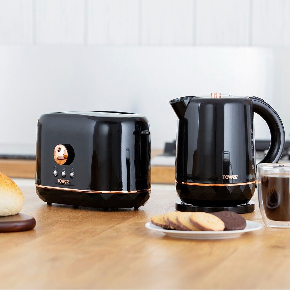 Tower Black & Rose Gold Kettle, 2 Slice Toaster, 700W Manual Microwave,  Bread Bin, Canisters, Mug Tree, Towel Pole & 58L Kitchen Bin
