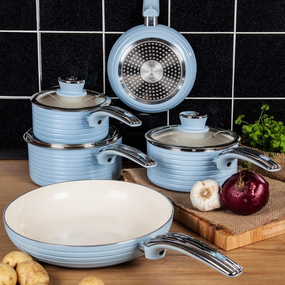 Swan Retro 5 Piece Pan Set Blue. Vintage Kitchen Cookware. 2 Year Guarantee