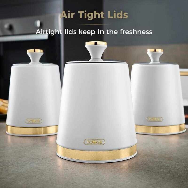 Tower Cavaletto Tea Coffee & Sugar Storage Canisters Set of 3 in White with Champagne Gold Accents