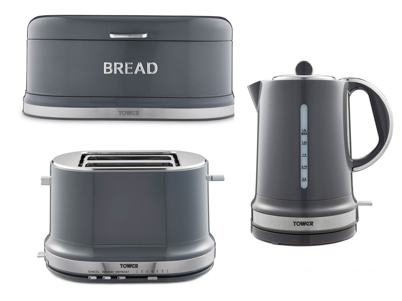 Tower Belle Kettle Toaster & Bread Bin Matching Kitchen Set in Graphite Grey