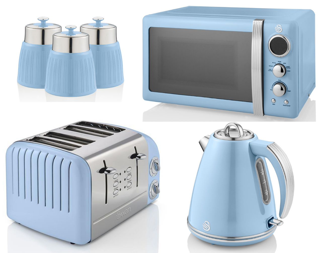SWAN Retro Blue Jug Kettle 4 Slice Toaster  ST34020BLN Microwave & Canisters Set