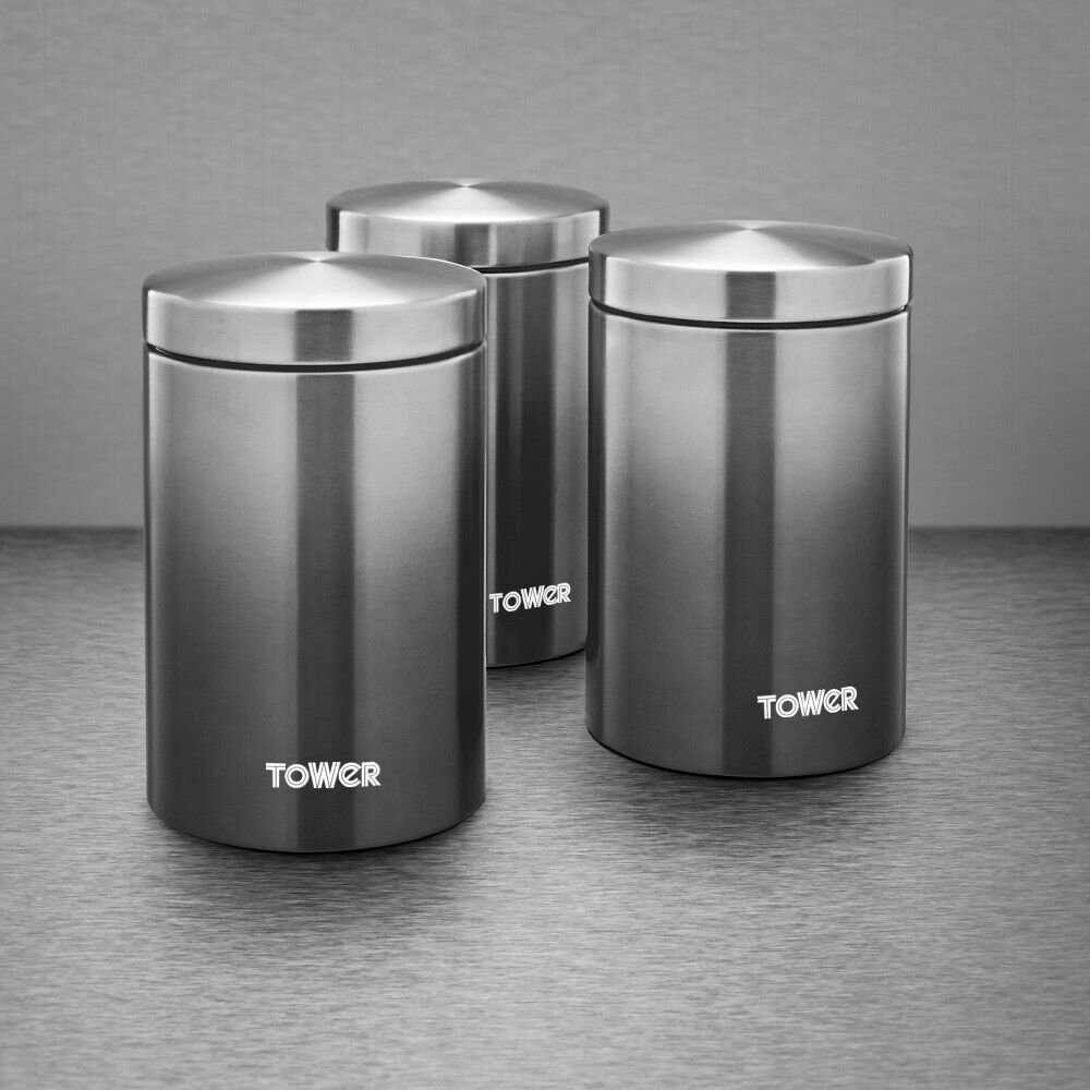 Tower Infinity Ombre Tea Coffee Sugar Canisters Set in Graphite Grey/Stainless Steel