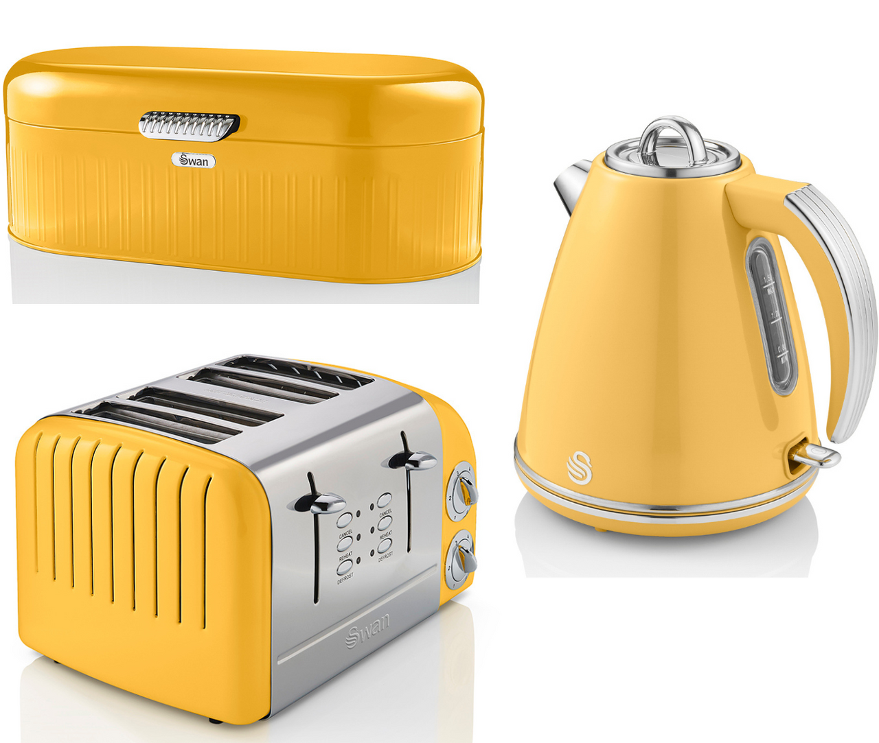 Swan Retro Yellow Jug Kettle 4 Slice Toaster  ST34020YELN  Bread Bin Vintage Set
