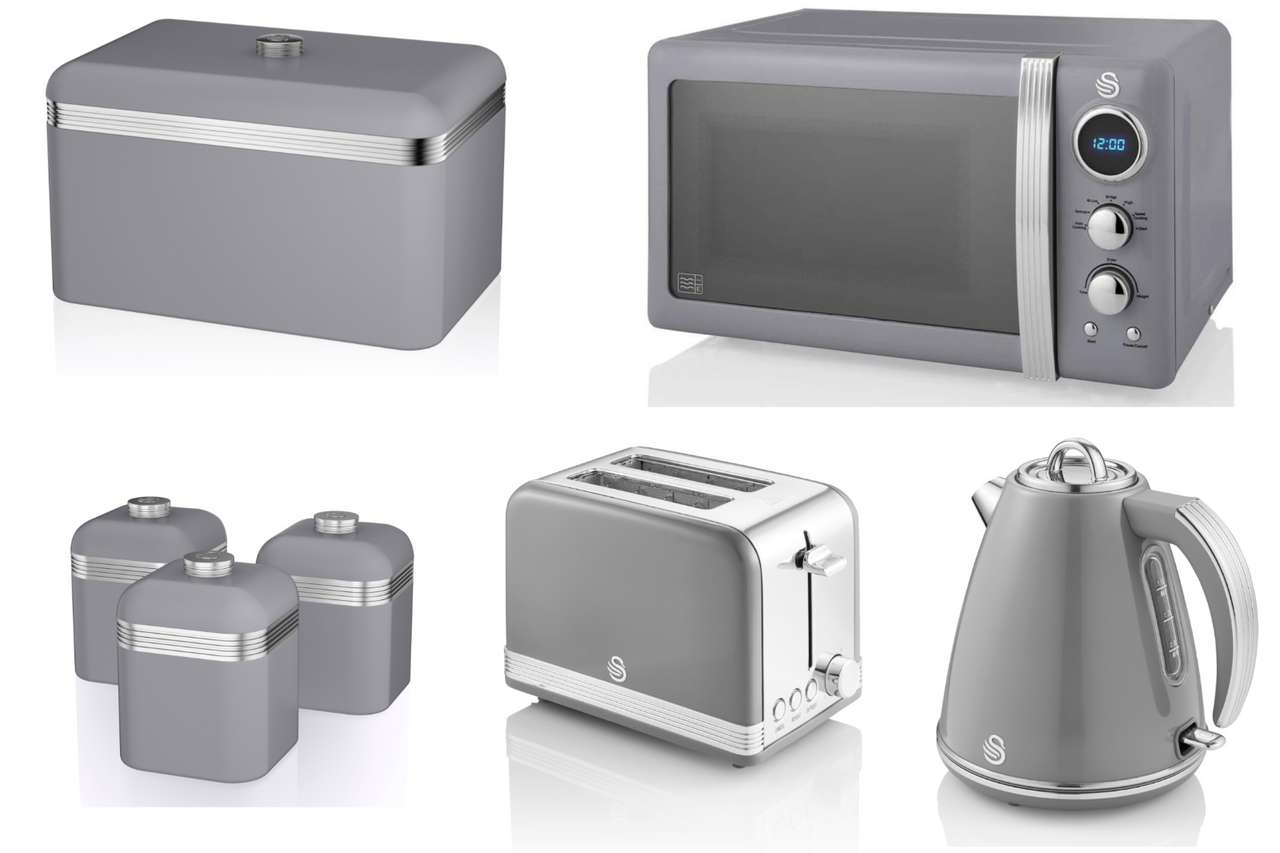 SWAN Retro Grey 1.5L 3KW Jug Kettle, 2 Slice Toaster, 800W Digital Microwave, Bread Bin & Canisters Set