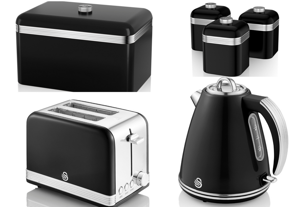 SWAN Retro Black Jug Kettle 2 Slice Toaster, Bread Bin & Set of 3 Canisters