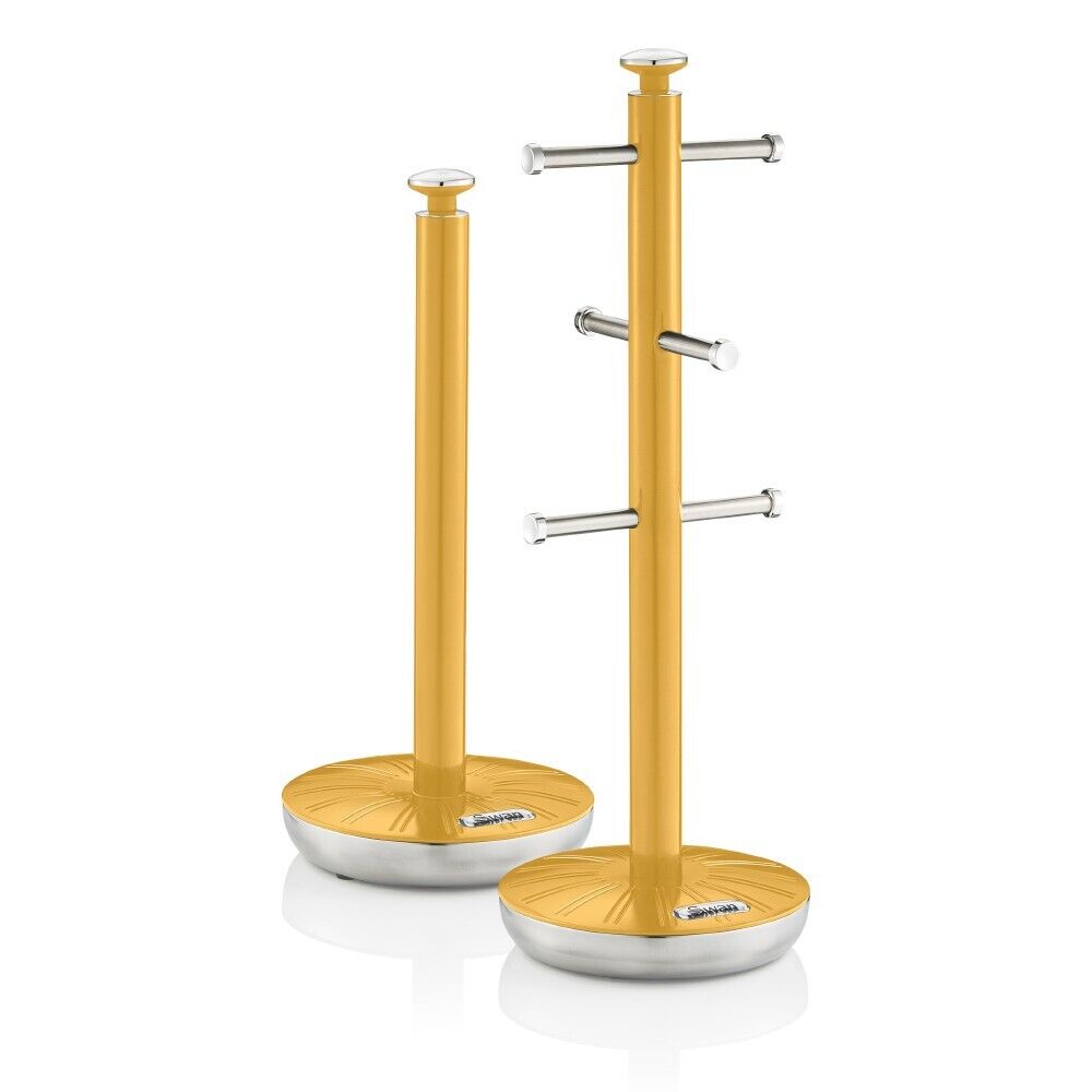 Swan Retro Yellow Mug Tree & Towel Pole Matching Kitchen Storage Set