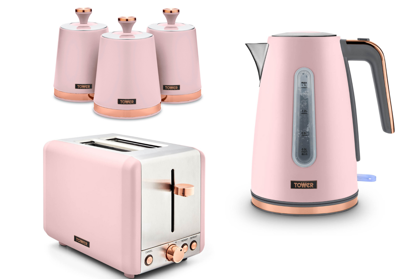 Tower Cavaletto Pink Jug Kettle 2 Slice Toaster & Canisters Matching Kitchen Set
