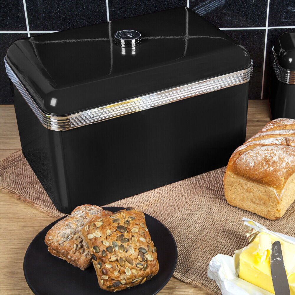 SWAN Retro Bread bin Canisters, Mug Tree & Towel Pole in Black & Chrome Kitchen Set