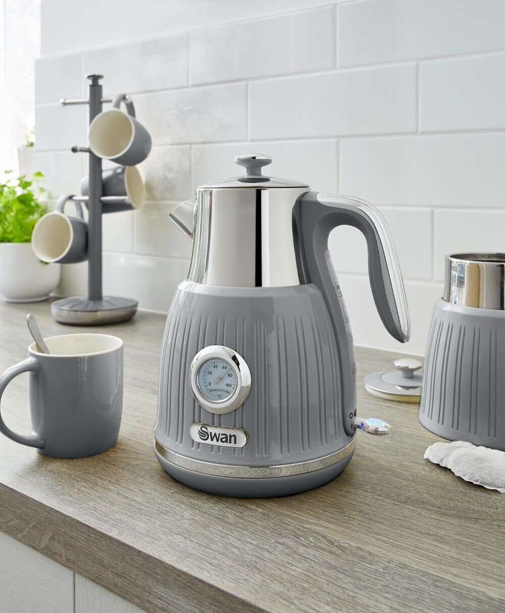 SWAN Retro Grey 1.5L 3KW Jug Temperature Dial Kettle, 4 Slice Toaster, Digital Microwave, Bread Bin & Canisters Matching Set