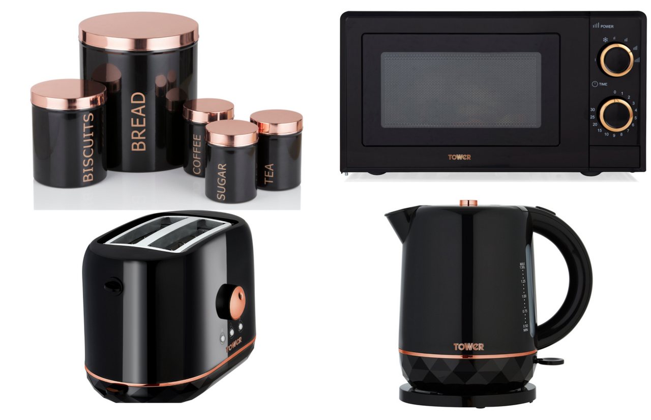 Tower Rose Gold & Black Kettle Toaster Microwave & 5 Piece Kitchen Storage Set