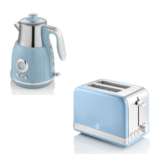 SWAN Retro Temperature Dial Kettle & 2 Slice Toaster in Blue Vintage Kitchen Set