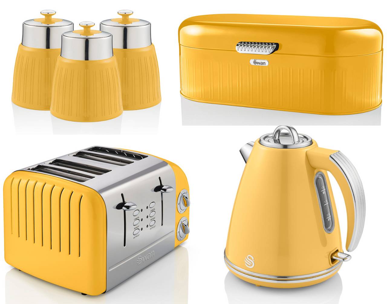Swan Retro Yellow Jug Kettle 4 Slice Toaster Bread Bin & Canisters Kitchen Set