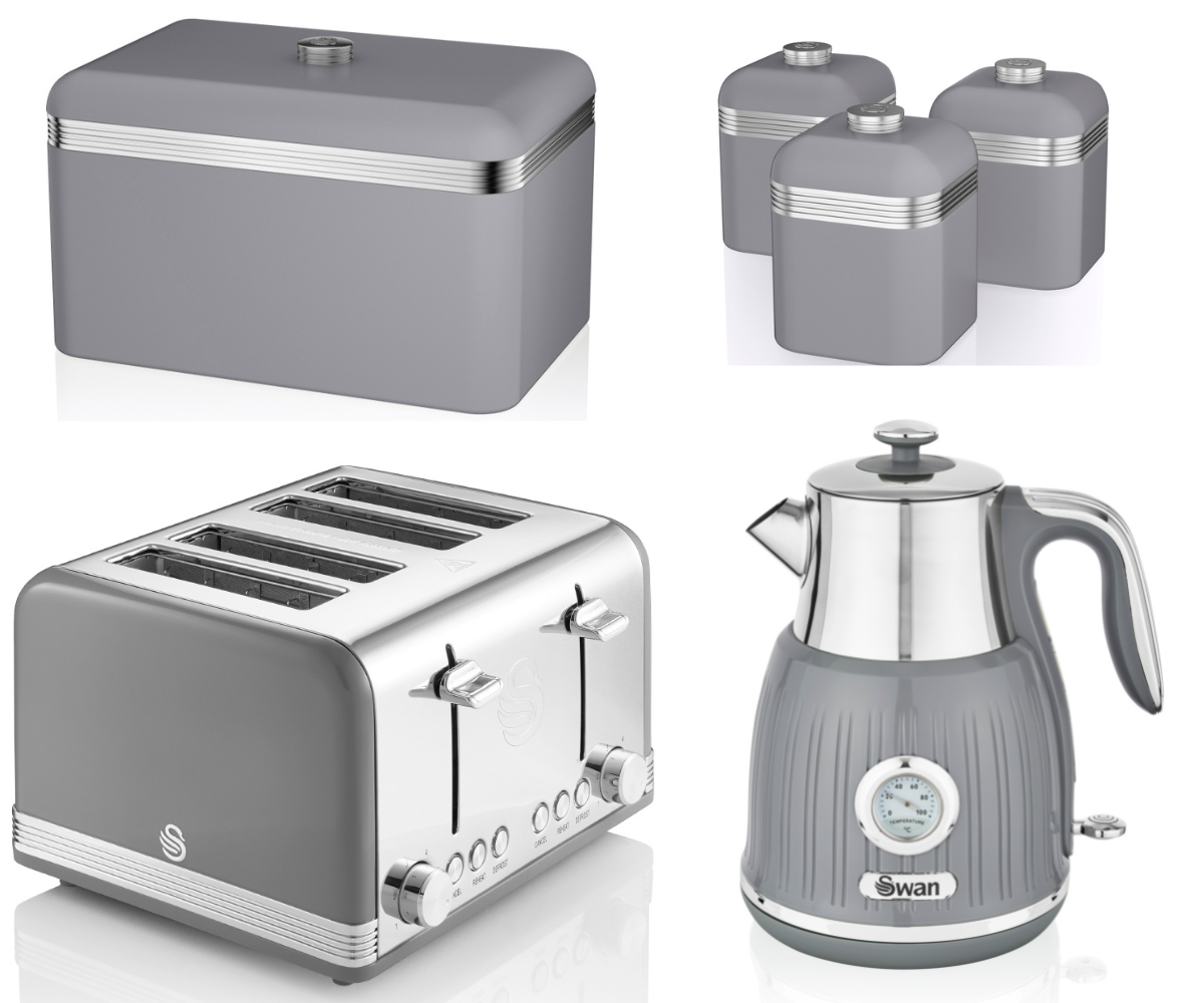 SWAN Retro Grey 1.5L 3KW Dial Kettle, 4 Slice Toaster, Breadbin & Canisters Matching Set of 6