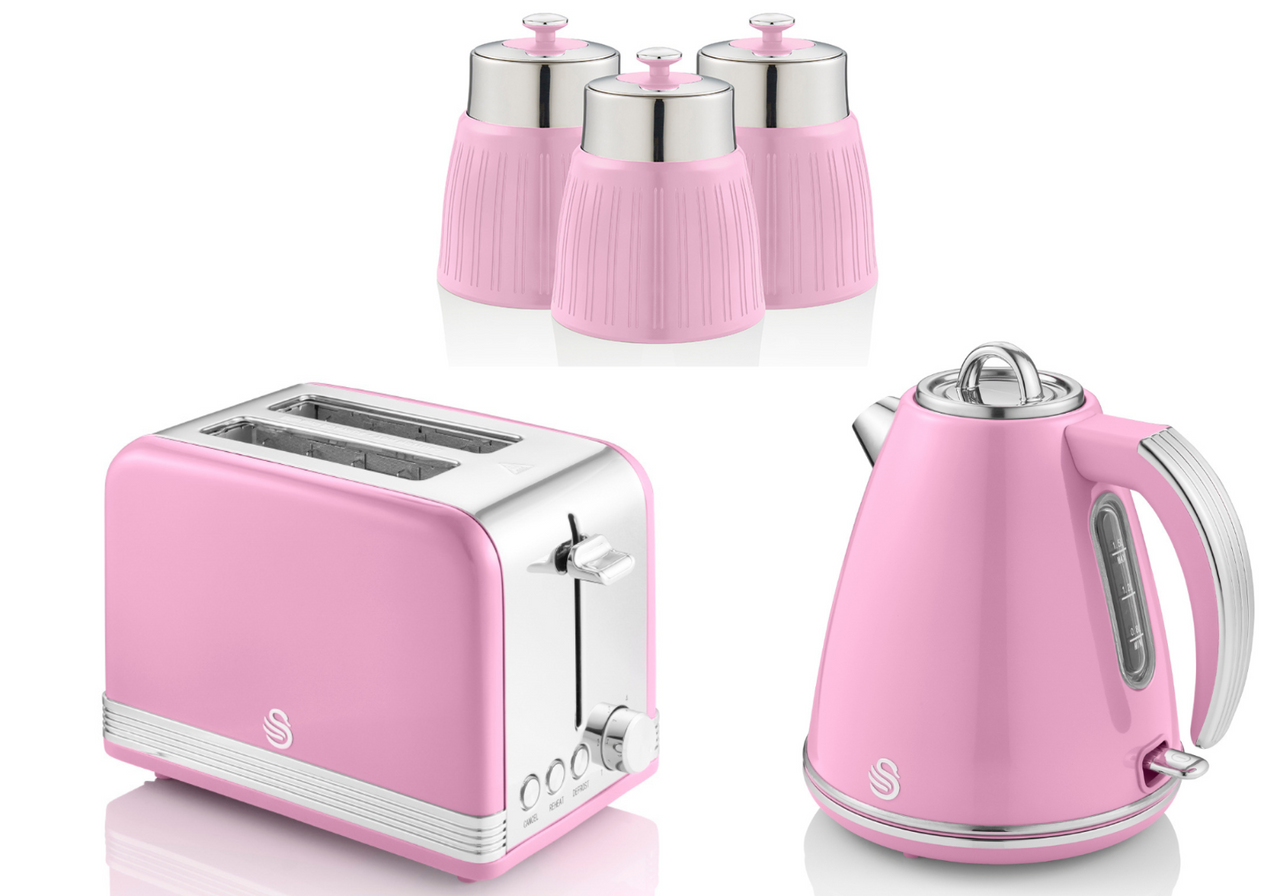 SWAN Retro Pink Jug Kettle 2 Slice Toaster & 3 Canisters Matching Kitchen Set