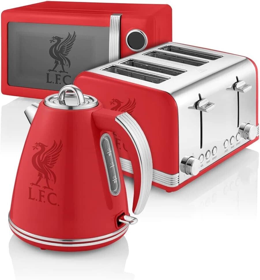 Swan Official Liverpool FC Red Jug Kettle 4 Slice Toaster & Microwave Retro Set