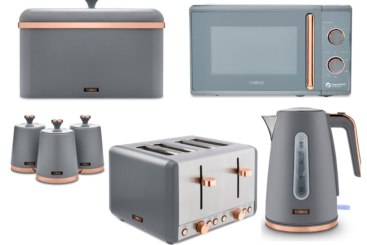 Tower Cavaletto Grey Jug Kettle 4 Slice Toaster Microwave Breadbin Canisters