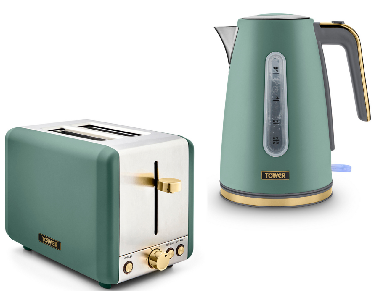 Tower Cavaletto 1.7L 3KW Jug Kettle 2 Slice Toaster in Jade with Champagne Accents