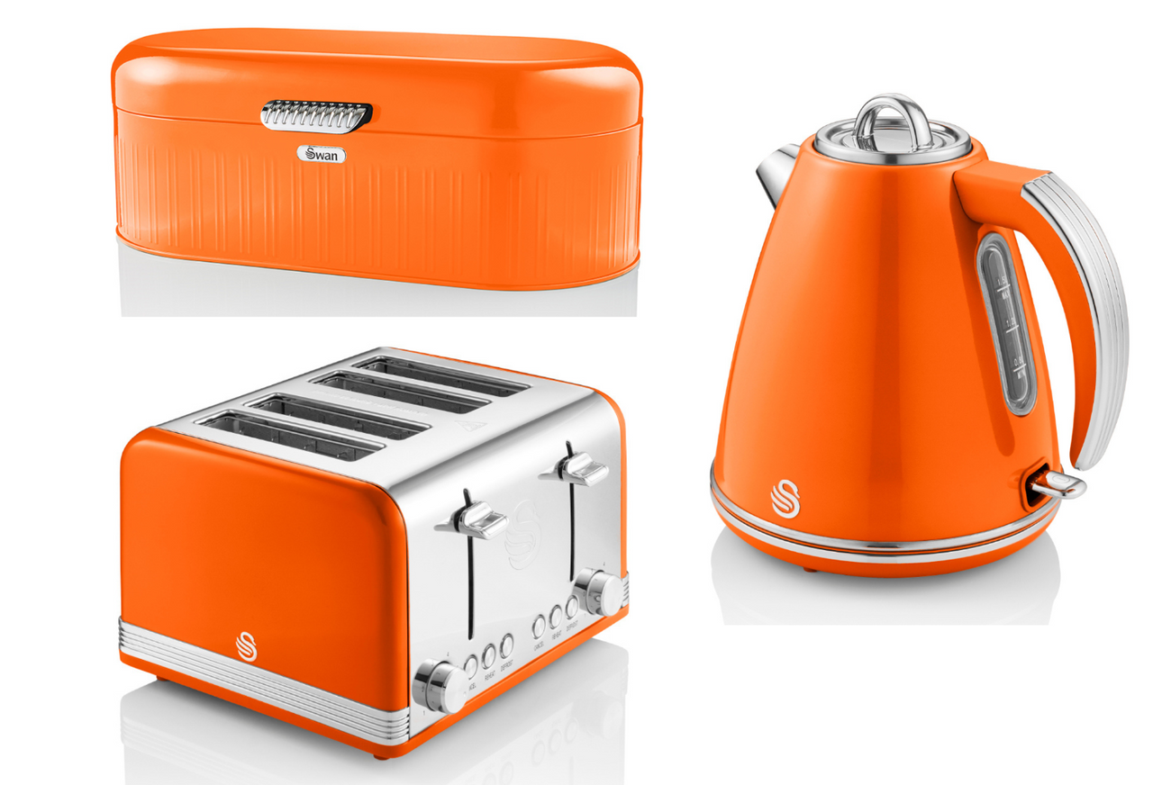 SWAN Retro Orange Jug Kettle 4 Slice Toaster & Bread Bin Matching Kitchen Set