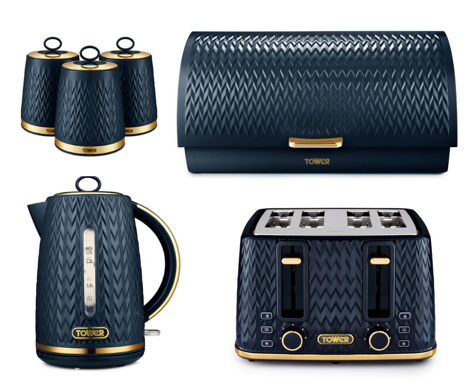 TOWER Empire Kettle 4-Slice Toaster Canisters & Bread Bin Set in Midnight Blue & Brass