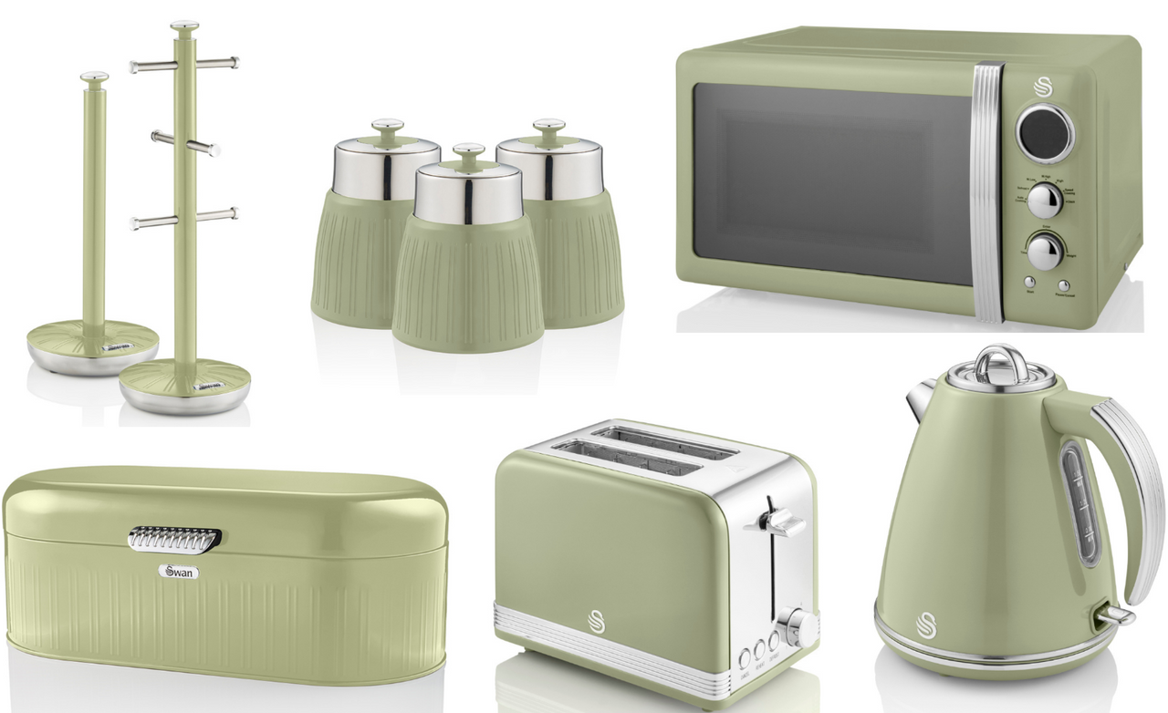 SWAN Retro Green 1.5L 3KW Jug Kettle, 2 Slice Toaster, 800W 20L Microwave, Bread Bin, Canisters, Mug Tree & Towel Pole Matching Set of 9