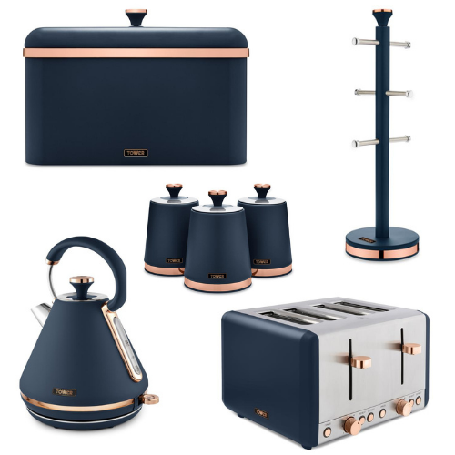 TOWER Cavaletto Kettle Toaster Bread Bin Canisters Mug Tree Midnight Blue & Rose Gold