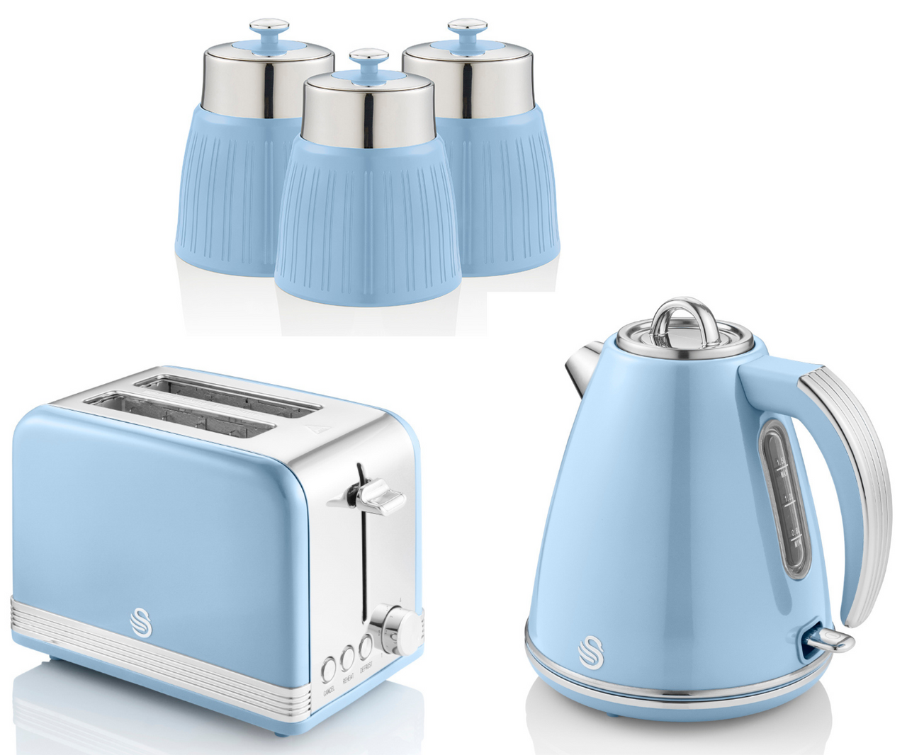 Swan Retro Blue 1.5L 3KW Jug Kettle, 2 Slice Toaster & Canisters SWKA1024BLN Matching Kitchen Set of 5