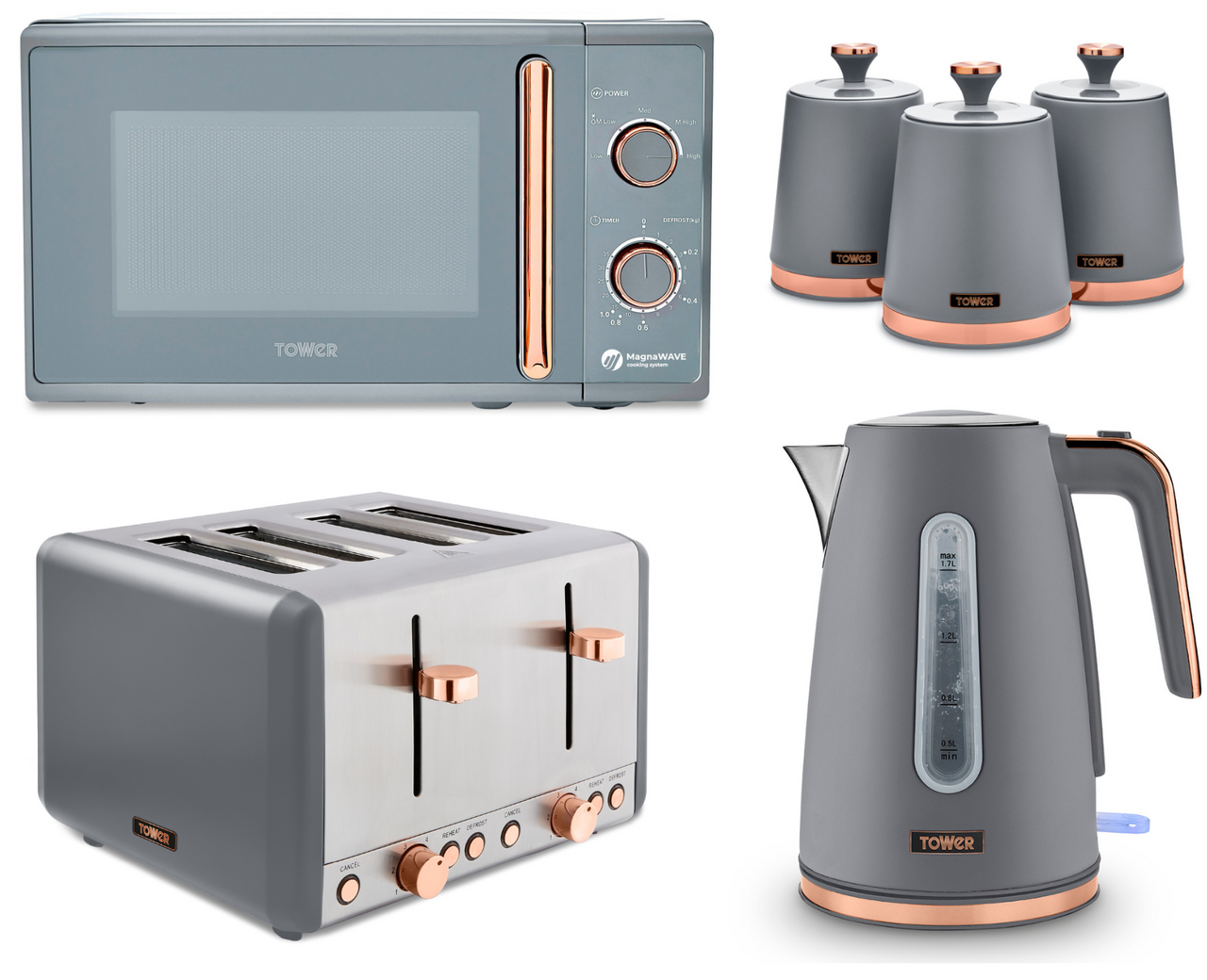 Tower Cavaletto Grey Jug Kettle 4 Slice Toaster Microwave & 3 Canisters Set