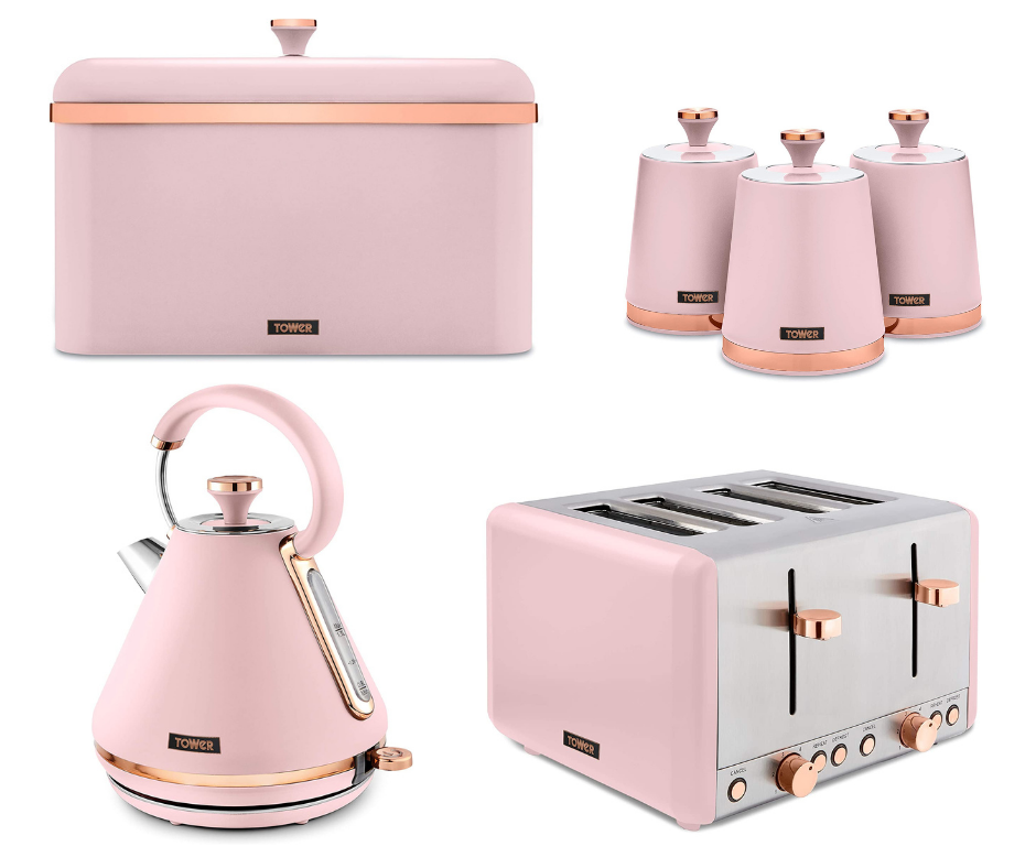 Tower Cavaletto Kettle 4 Slice Toaster Bread Bin Canisters Set Pink & Rose Gold