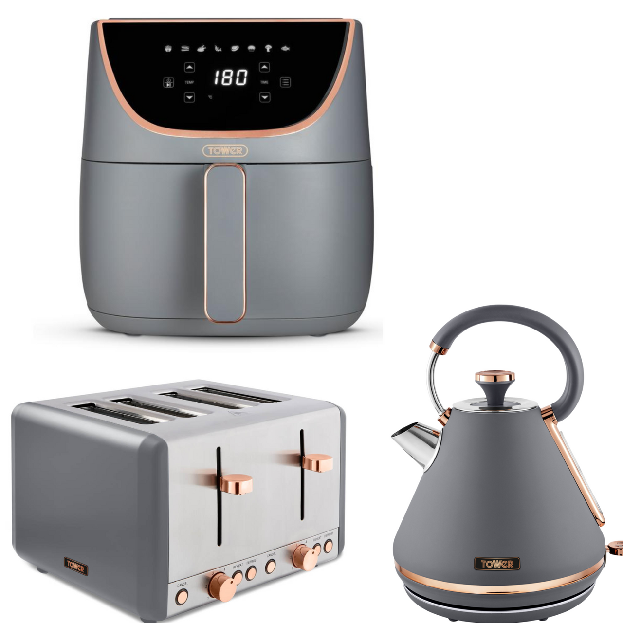 Tower Cavaletto Grey Pyramid Kettle 4 Slice Toaster & 6L Digital Air Fryer Set