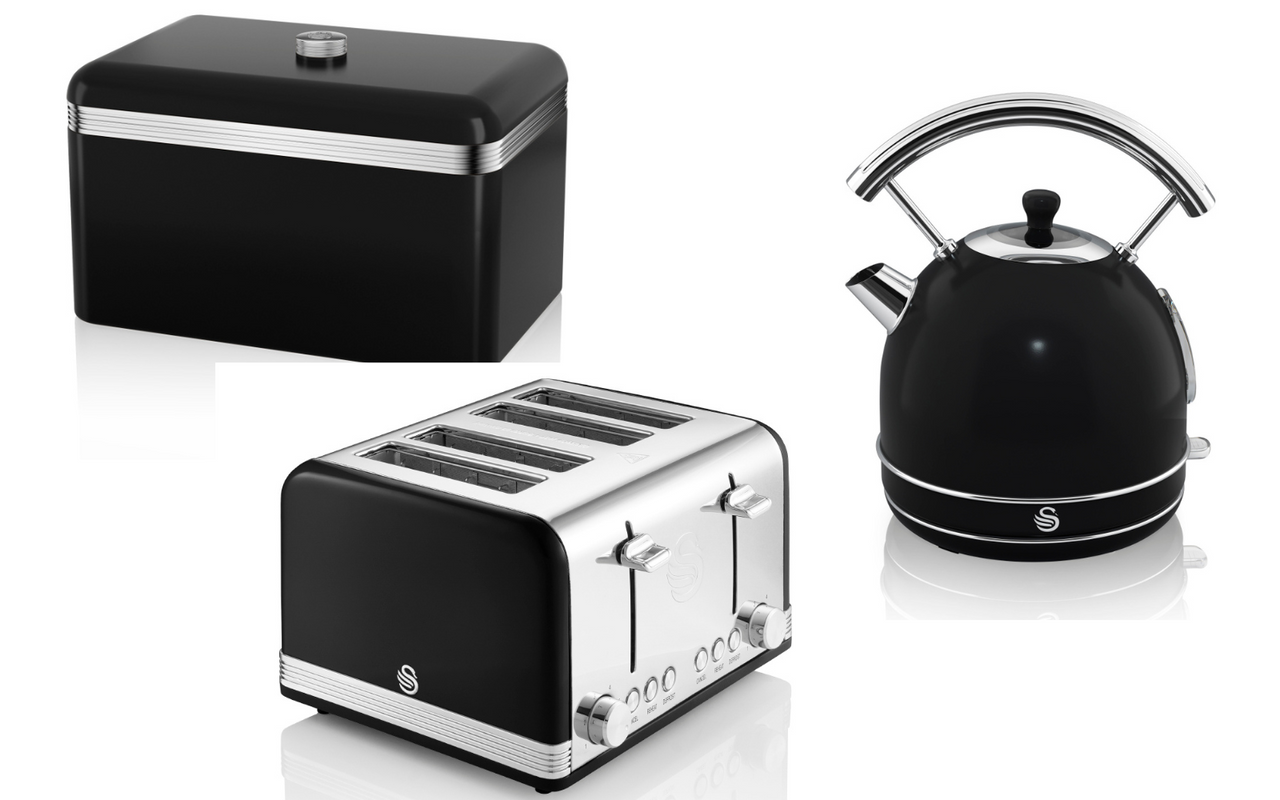 Swan Retro Black Dome Kettle 4 Slice Toaster & Bread Bin Vintage Kitchen Set