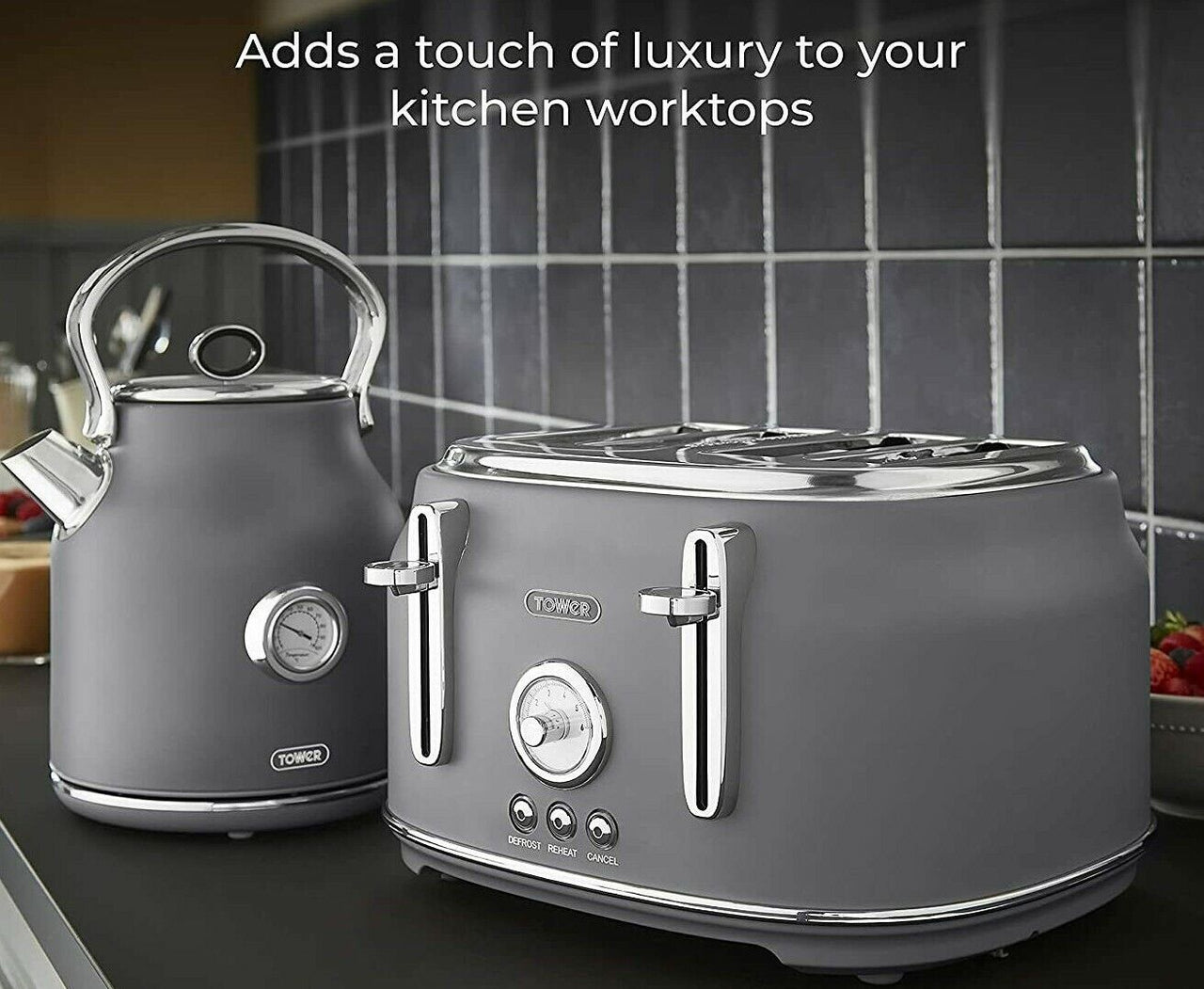 Tower Renaissance Grey Kettle & 4 Slice Toaster Matching Kitchen Set