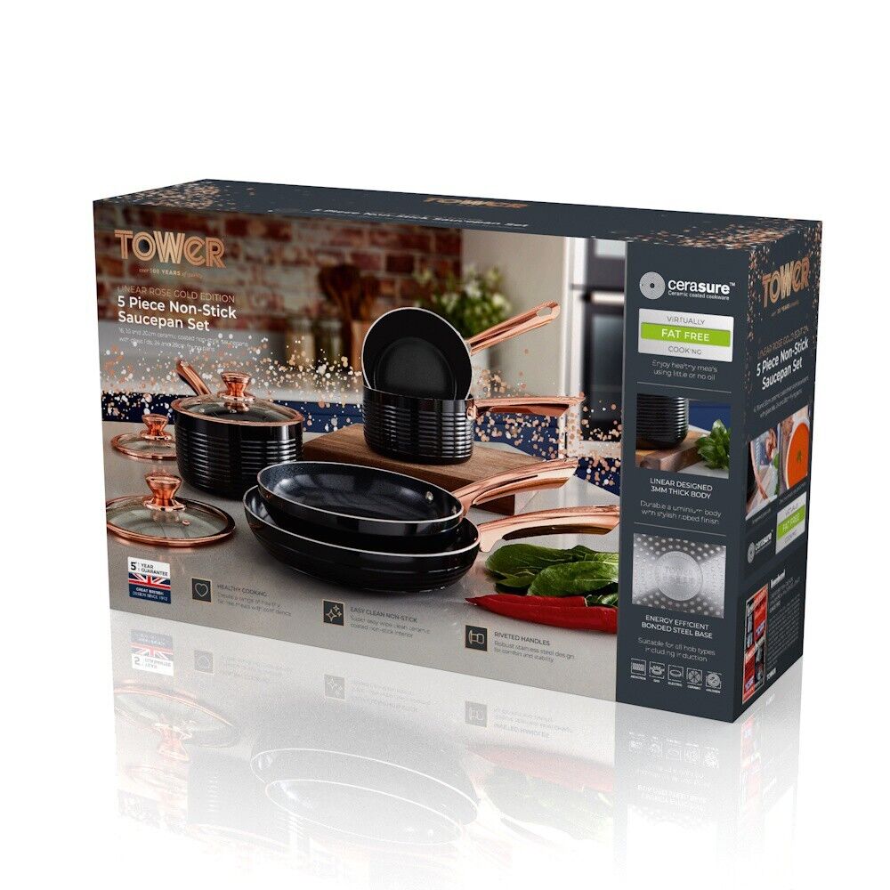 Tower Linear Black & Rose Gold Non-Stick 5 Piece Pan Set T800140RB