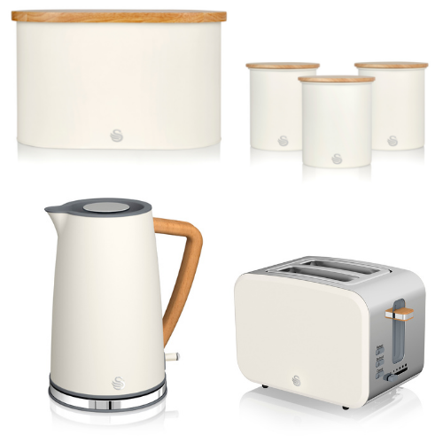 Swan Nordic White Kettle, 2 Slice Toaster, Breadbin & Canisters Matching Set in Scandinavian Design