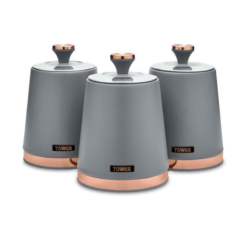 TOWER Cavaletto Grey Tea Coffee Sugar Canisters Set Rose Gold Accents T826131GRY
